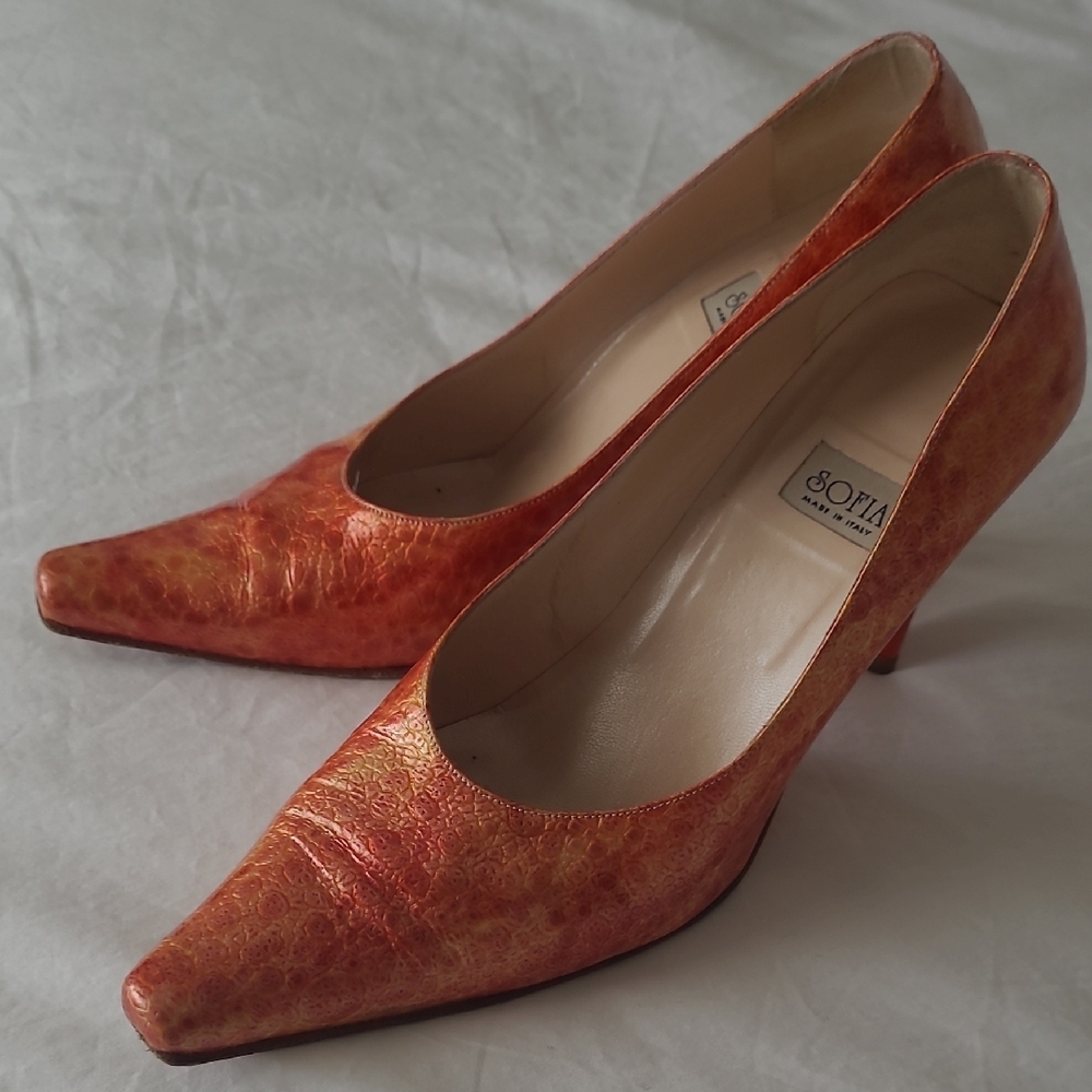 Leather Patterned Red-Orange Women's Heels